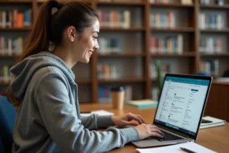 Étudiante utilisant l'ENT de l'IUT d'Angers sur son ordinateur portable dans une bibliothèque universitaire
