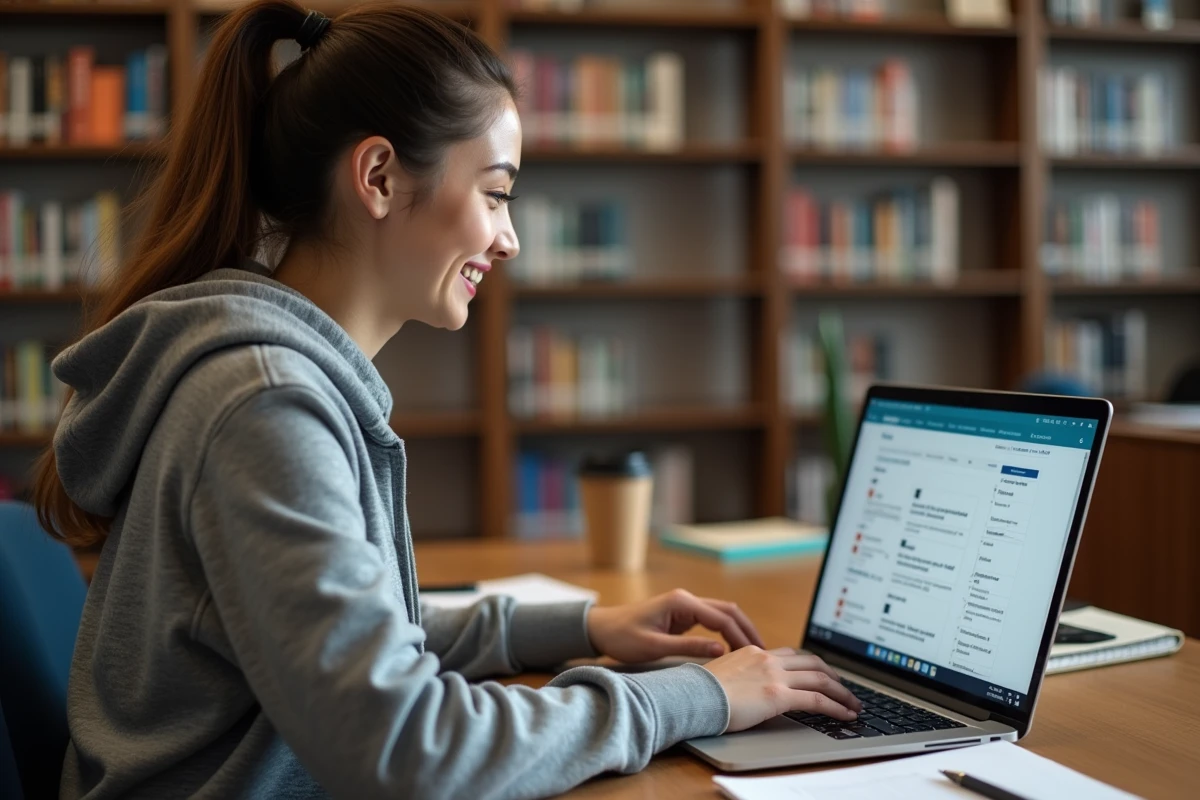 Étudiante utilisant l'ENT de l'IUT d'Angers sur son ordinateur portable dans une bibliothèque universitaire