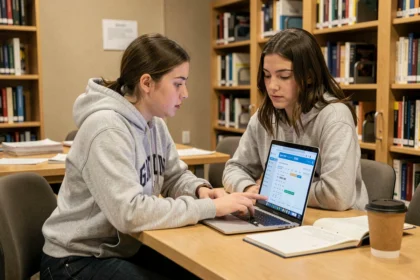 Étudiante consultant l'ENT de Lille sur son ordinateur portable dans une bibliothèque universitaire moderne