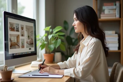 Étudiante en design d'intérieur suivant une formation à distance sur son ordinateur depuis son bureau à domicile