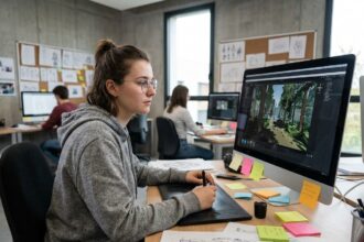 Étudiante en game design travaillant sur un environnement 3D dans un studio universitaire à Toulouse