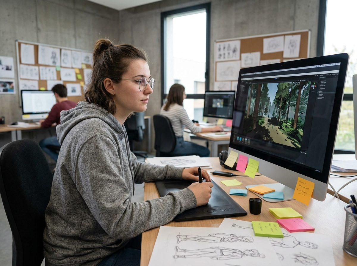 Étudiante en game design travaillant sur un environnement 3D dans un studio universitaire à Toulouse