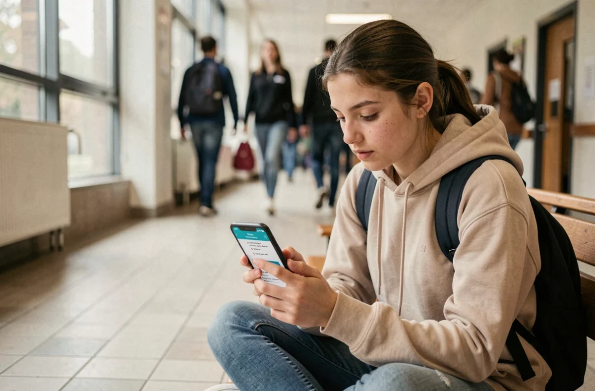 Étudiante consultant son compte messagerie académique Orléans Tours sur smartphone dans un couloir scolaire