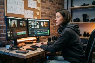 Étudiante en montage vidéo travaillant sur un logiciel professionnel dans un studio de formation audiovisuelle indépendant