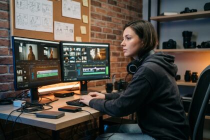Étudiante en montage vidéo travaillant sur un logiciel professionnel dans un studio de formation audiovisuelle indépendant