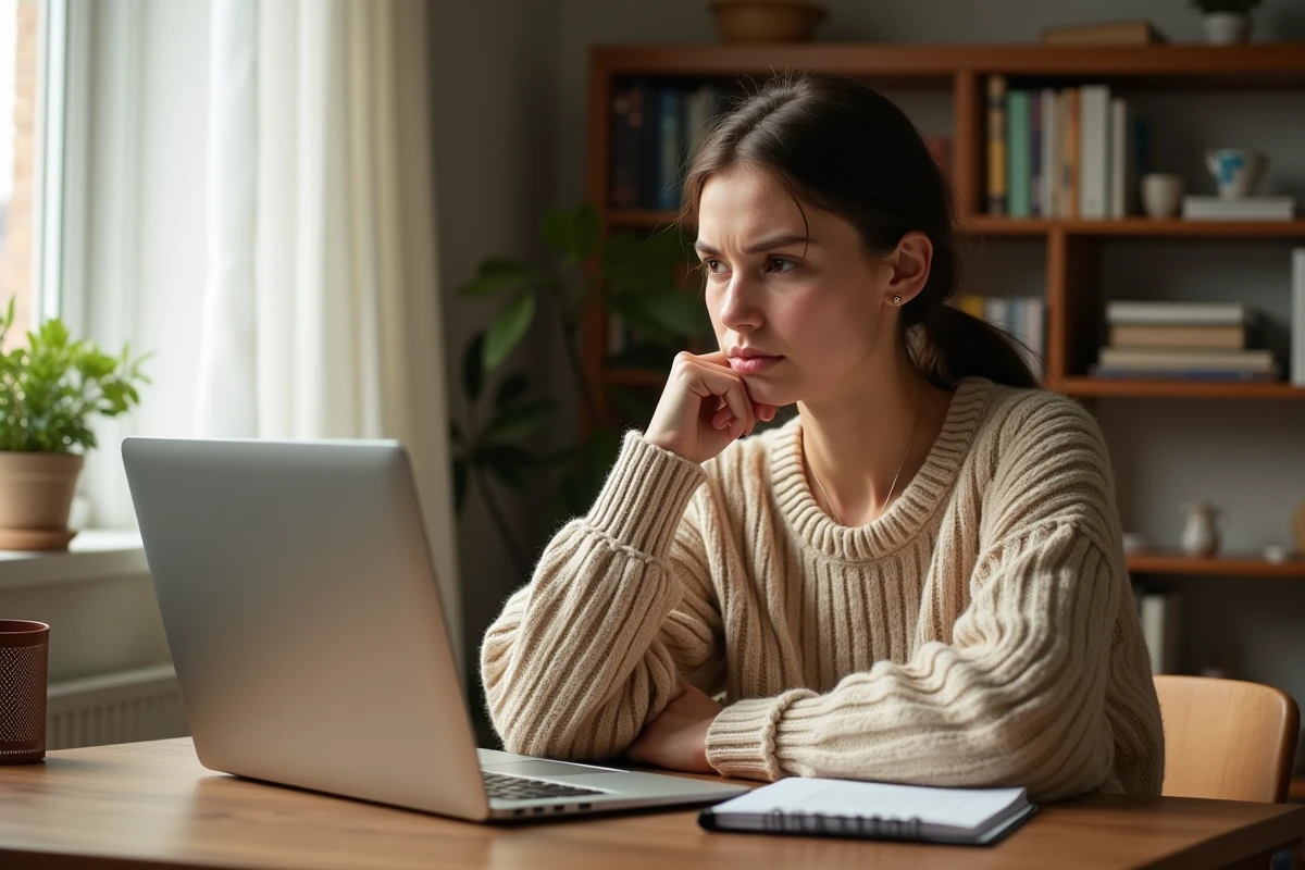 Jeune femme frustrée devant son ordinateur portable affichant une plateforme Moodle hors connexion dans un bureau à domicile