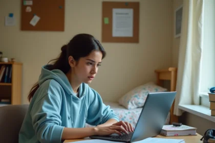 Étudiante en résidence universitaire consultant son portail d'inscription en ligne pour régler la CVEC sur son ordinateur portable