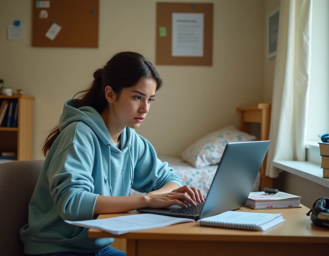 Étudiante en résidence universitaire consultant son portail d'inscription en ligne pour régler la CVEC sur son ordinateur portable