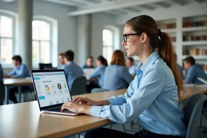 Étudiante consultant le portail numérique PIA Académie Orléans Tours sur un ordinateur portable dans un espace de travail universitaire moderne