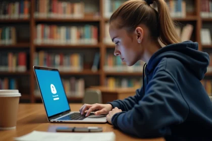Étudiante frustrée face à un message d'erreur de mot de passe sur un ordinateur portable dans une bibliothèque universitaire