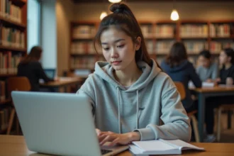 Étudiante utilisant le service en ligne UHA sur son ordinateur portable dans une bibliothèque universitaire