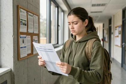 Étudiante de l'UPVD consultant son emploi du temps imprimé avec des codes de salles dans un couloir universitaire