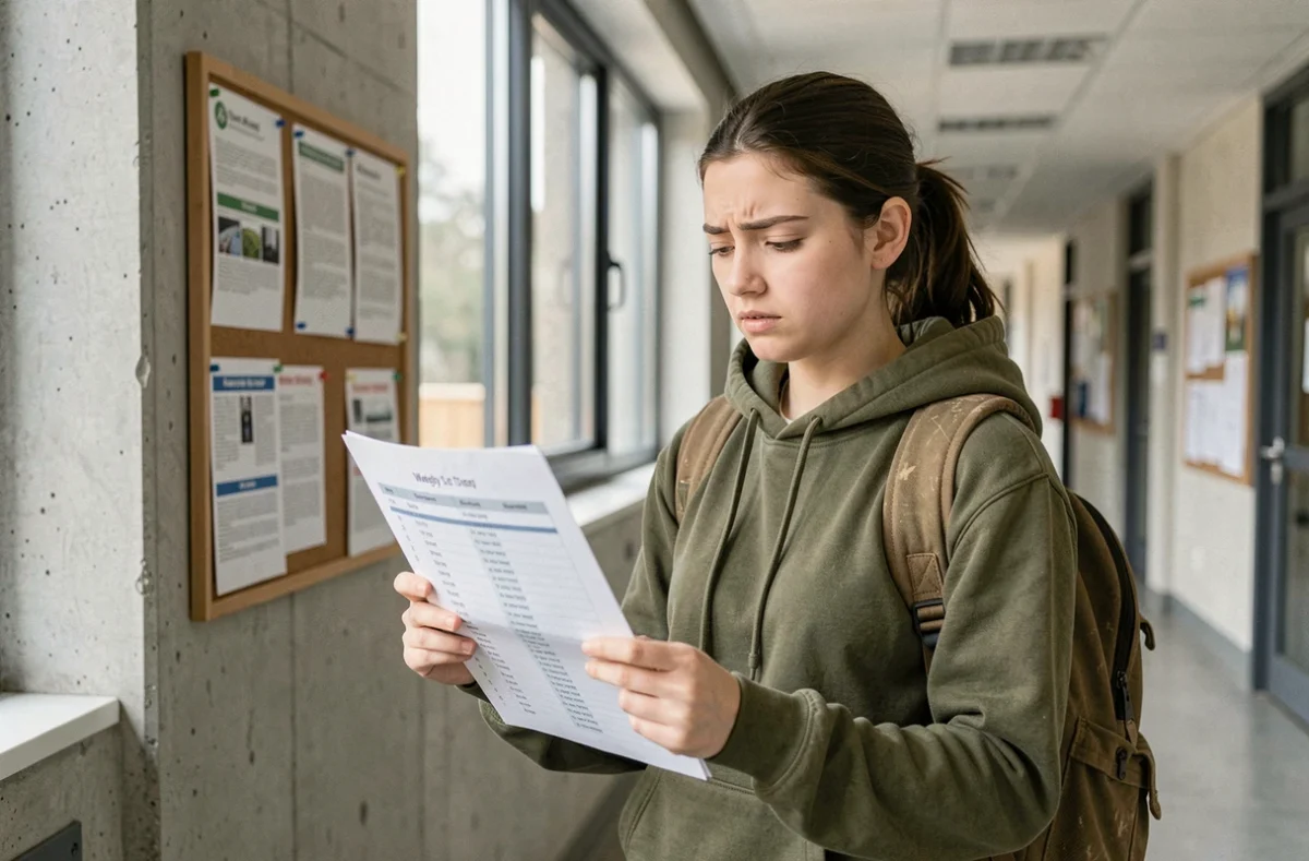 Étudiante de l'UPVD consultant son emploi du temps imprimé avec des codes de salles dans un couloir universitaire