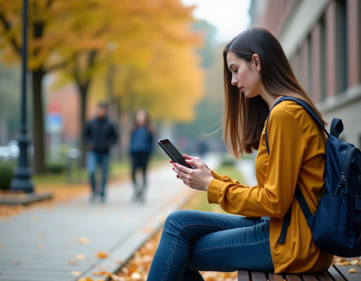 Étudiante vérifiant le statut de son paiement CVEC sur smartphone dans un campus universitaire en automne