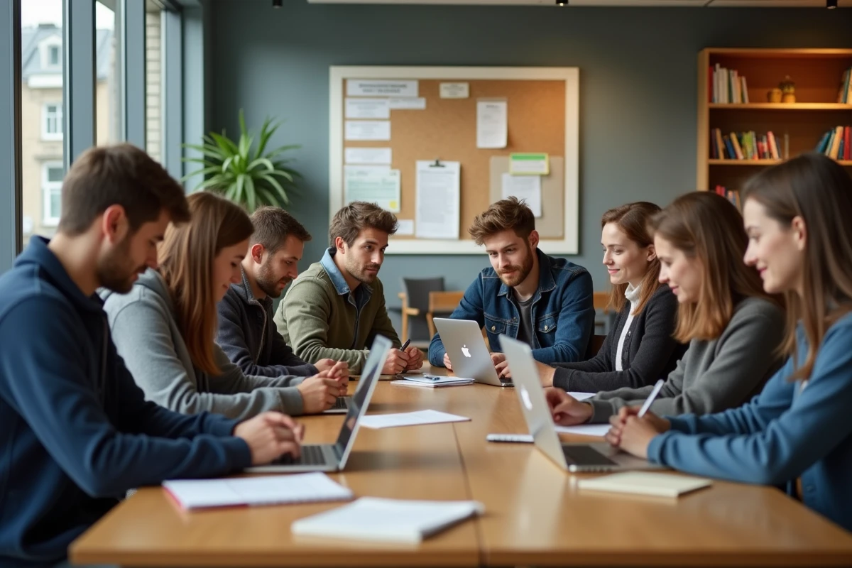 Groupe d'étudiants en discussion dans un lounge moderne