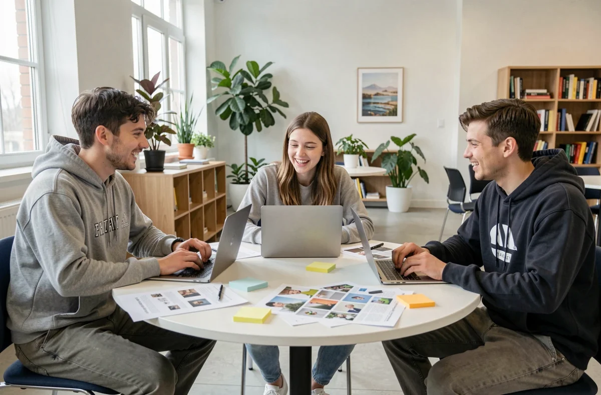 Groupe d'étudiants en design collaborant autour d'une table dans un espace académique moderne