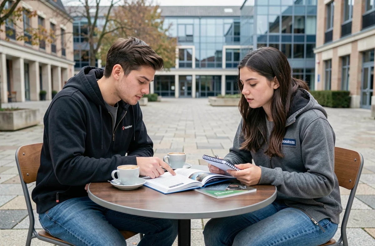 Deux étudiants discutant des classements d'écoles d'ingénieurs autour d'un café sur un campus universitaire