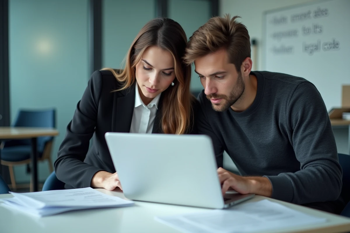 Deux étudiants en droit collaborant sur une analyse juridique générée par intelligence artificielle dans une salle de travail universitaire