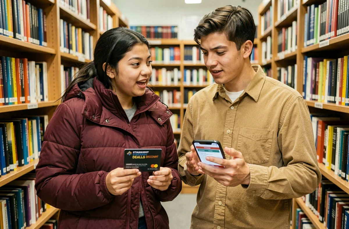 Deux étudiants en librairie universitaire débattant des avantages entre carte étudiante classique et application de réductions