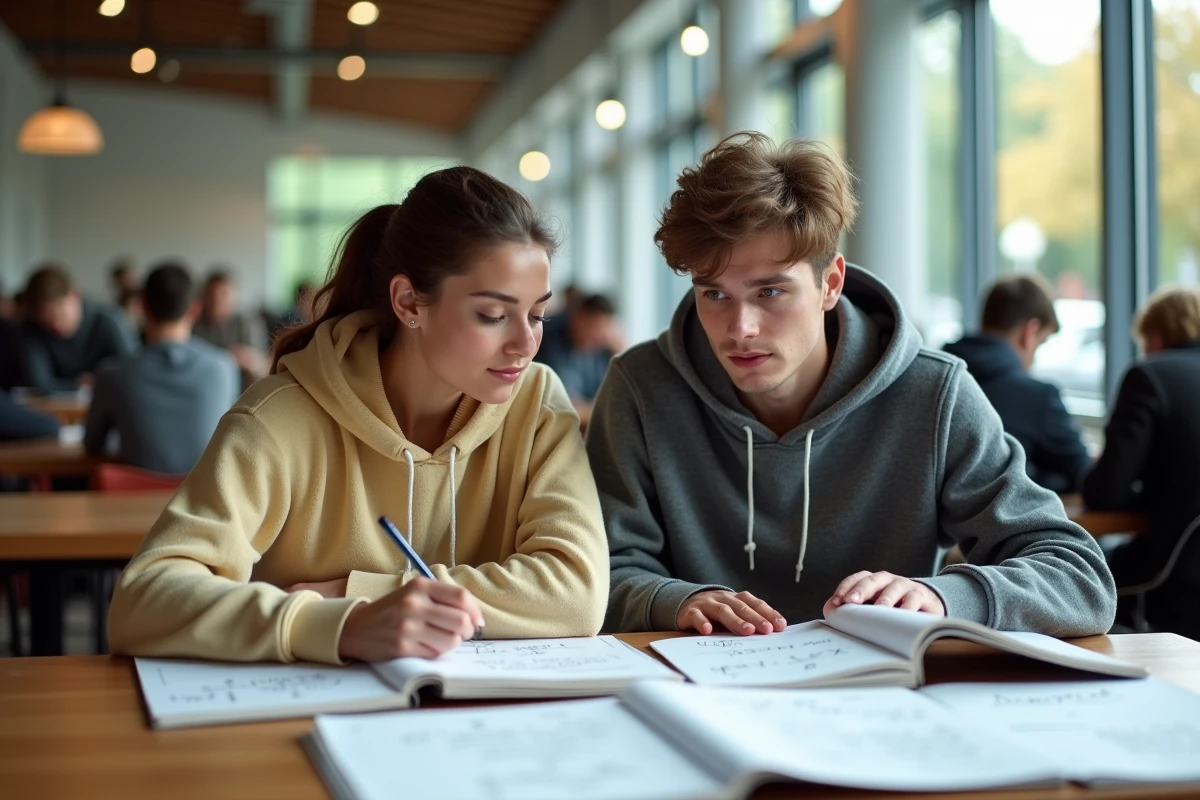 Deux étudiants en train de réviser ensemble l'inversion de matrices 2x2 avec des manuels de mathématiques