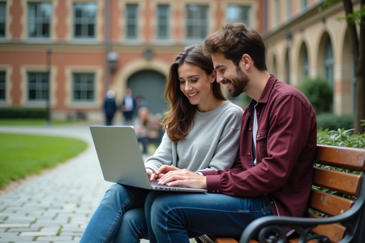 Deux étudiants de l'UHA consultant ensemble les services en ligne sur un campus universitaire