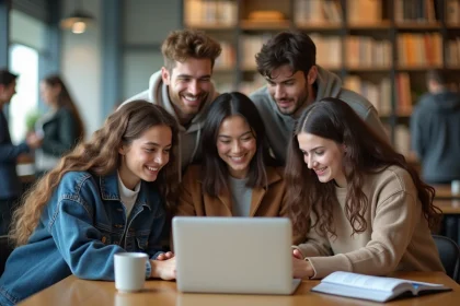 Groupe d'étudiants universitaires en discussion autour d'un ordinateur