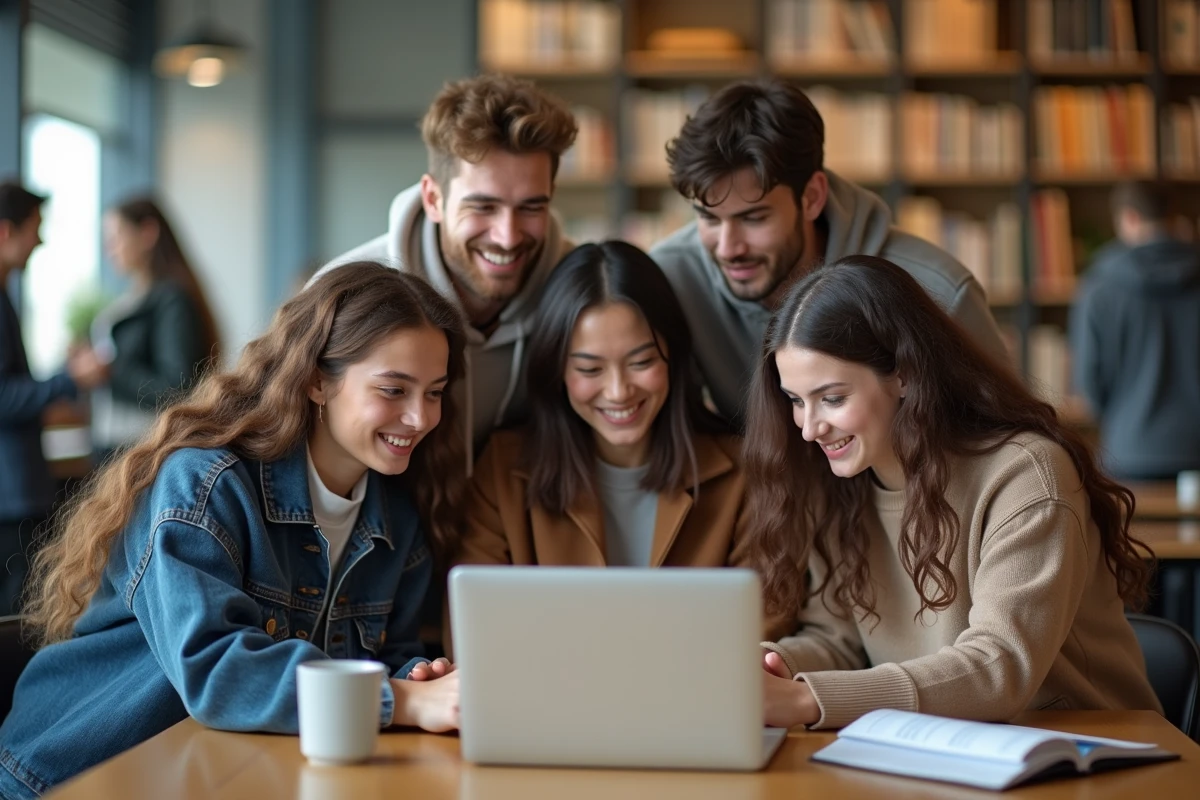 Groupe d'étudiants universitaires en discussion autour d'un ordinateur