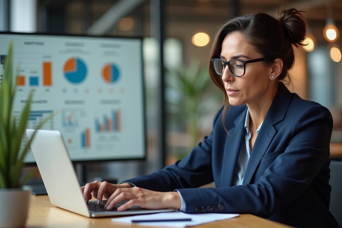 Femme professionnelle évaluant les prix et la qualité de service d'une plateforme IA sur son ordinateur portable au bureau