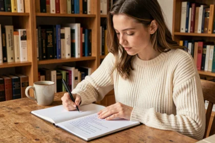 Jeune femme écrivant un exercice de ponctuation sur les guillemets dans un cahier, assise à un bureau en bois entouré de livres de grammaire française
