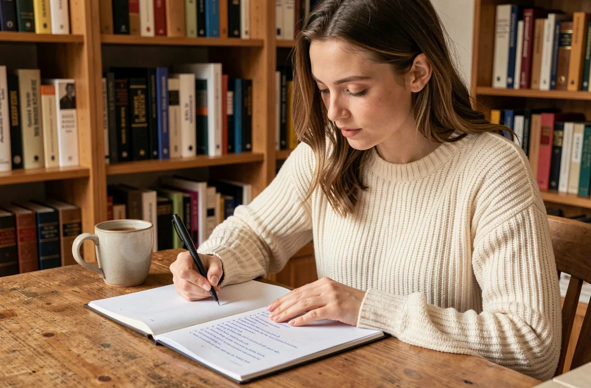 Jeune femme écrivant un exercice de ponctuation sur les guillemets dans un cahier, assise à un bureau en bois entouré de livres de grammaire française