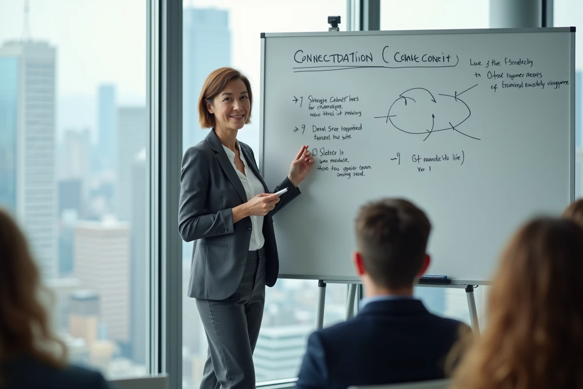 Experte en formation LinkedIn présentant une méthode de prospection éthique devant un tableau blanc dans une salle de séminaire professionnelle