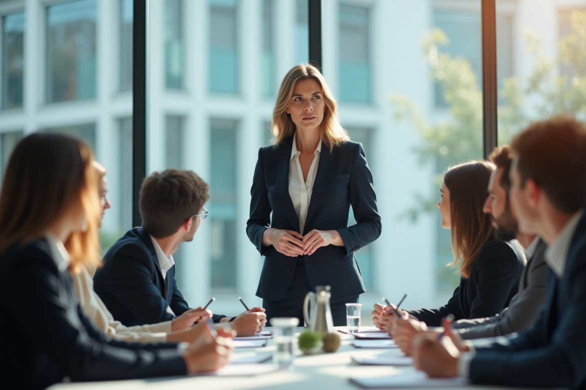 Femme d'affaires confiante dirigeant une réunion moderne