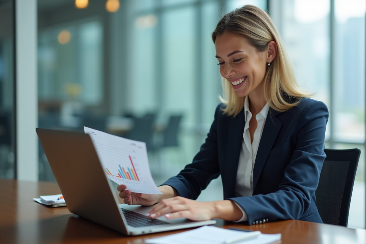 Femme d'affaires souriante devant ses graphiques en ville