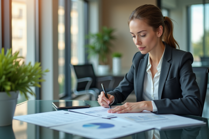 Femme d'affaires analysant des rapports financiers dans un bureau moderne