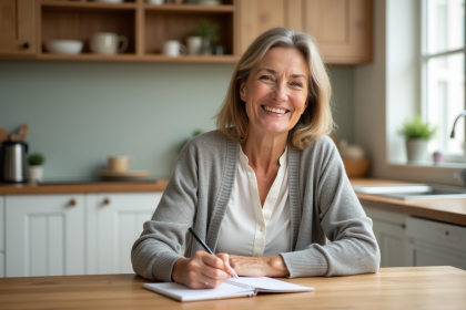 Femme souriante écrivant affirmation positive dans journal