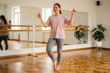 Femme souriant en train d'apprendre une chorégraphie facile dans un studio de danse avec parquet en bois et miroirs