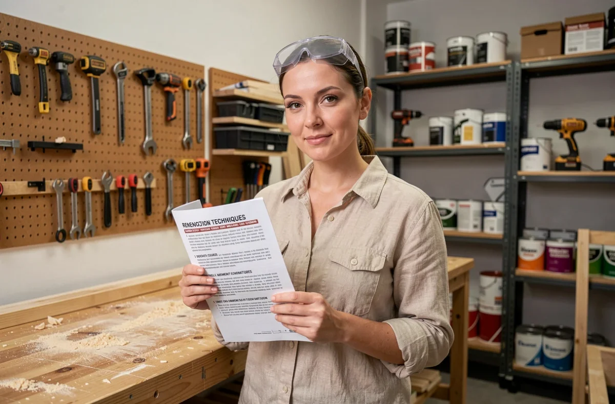 Femme en atelier de bricolage tenant un livret de modules de formation Maformationbrico entourée d'outils organisés