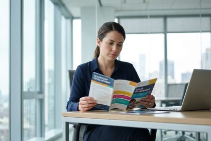 Femme en bureau moderne avec brochures colorées