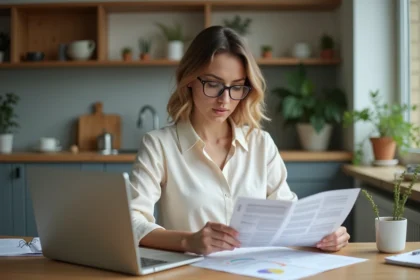 Femme au bureau cuisine examine des documents