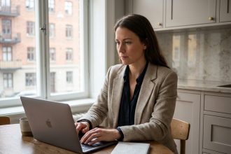 Femme en bureau cuisine avec ordinateur et carnet