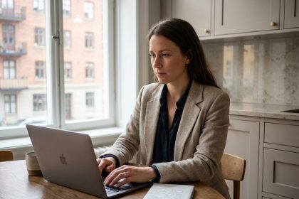 Femme en bureau cuisine avec ordinateur et carnet