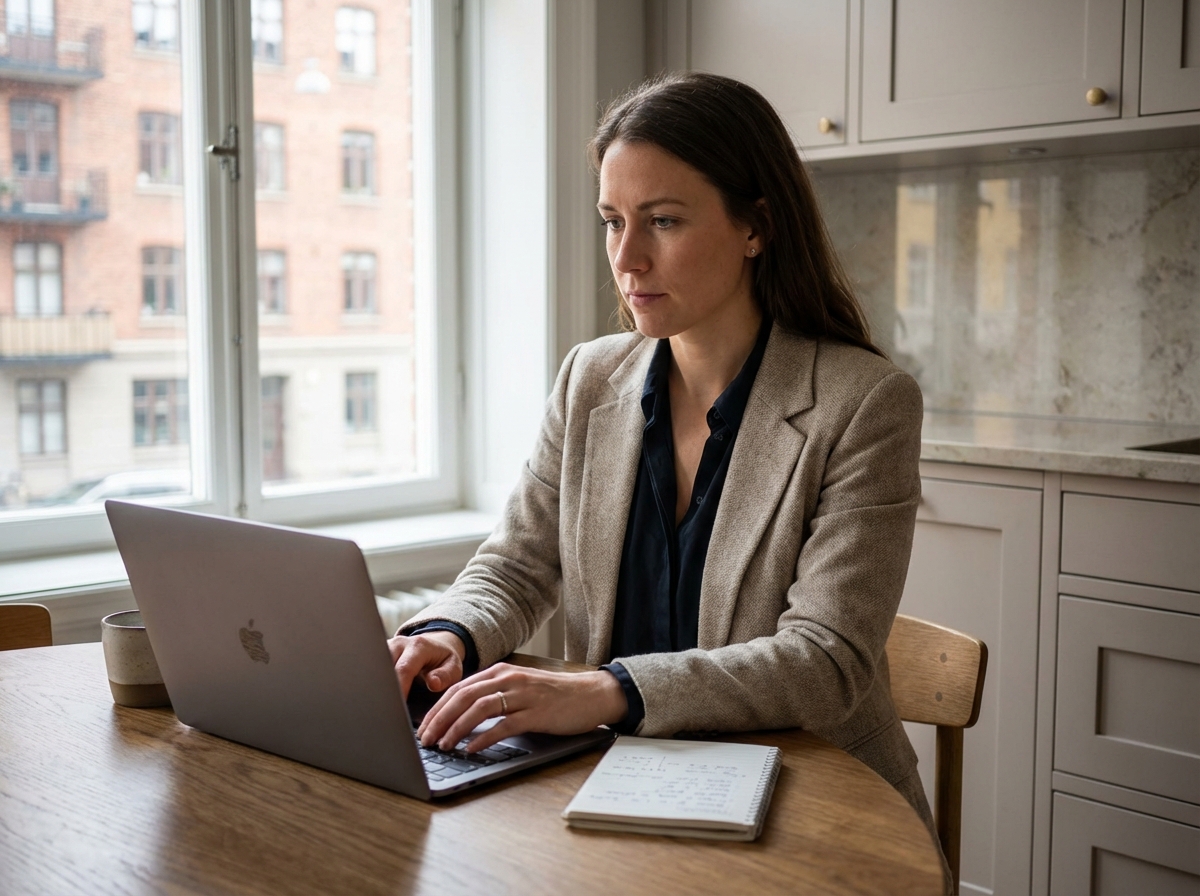 Femme en bureau cuisine avec ordinateur et carnet
