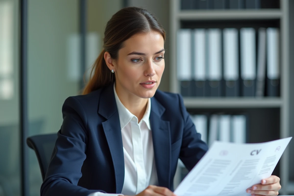 Femme en bureau moderne examinant un CV suisse