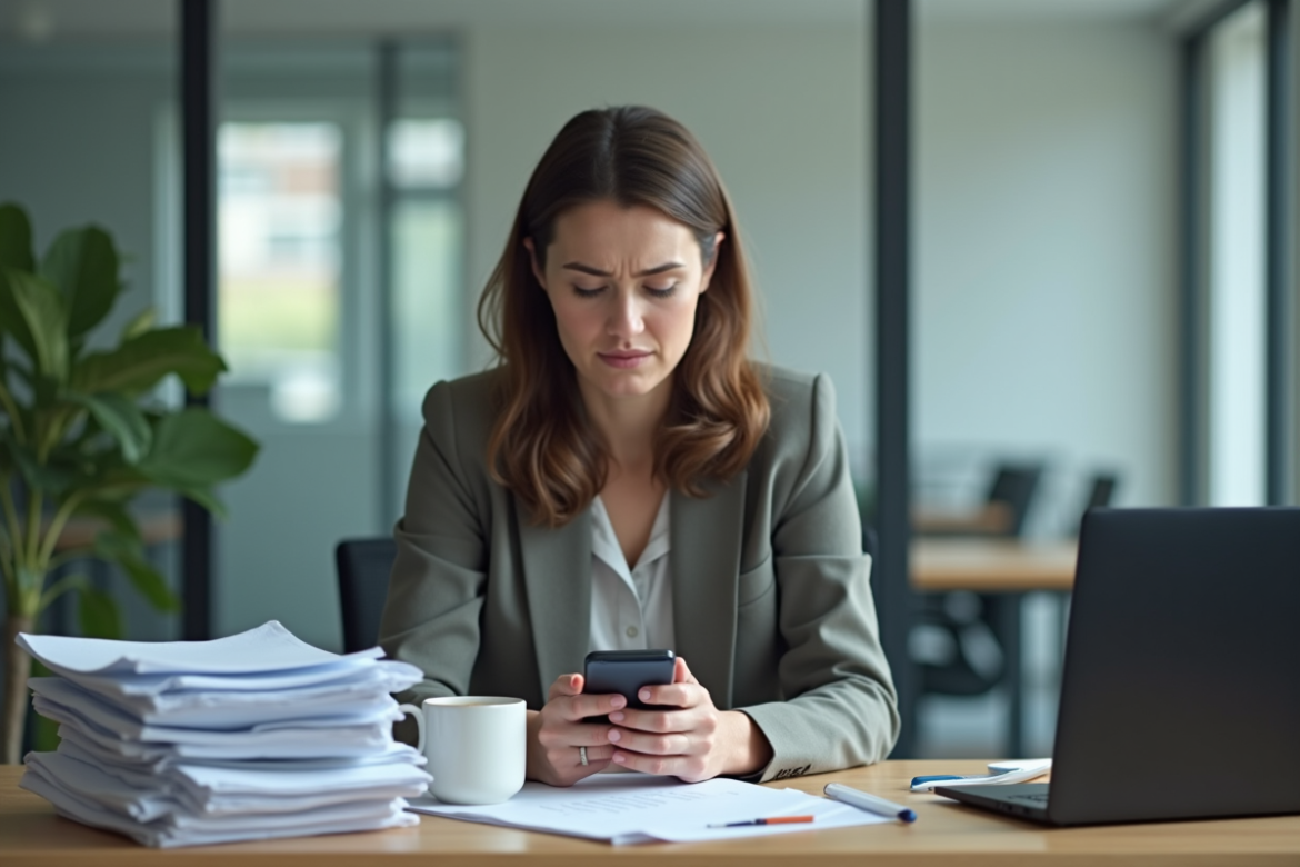 Femme au bureau avec papier et tasse de café