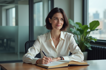 Femme au bureau écrivant dans un carnet en open space