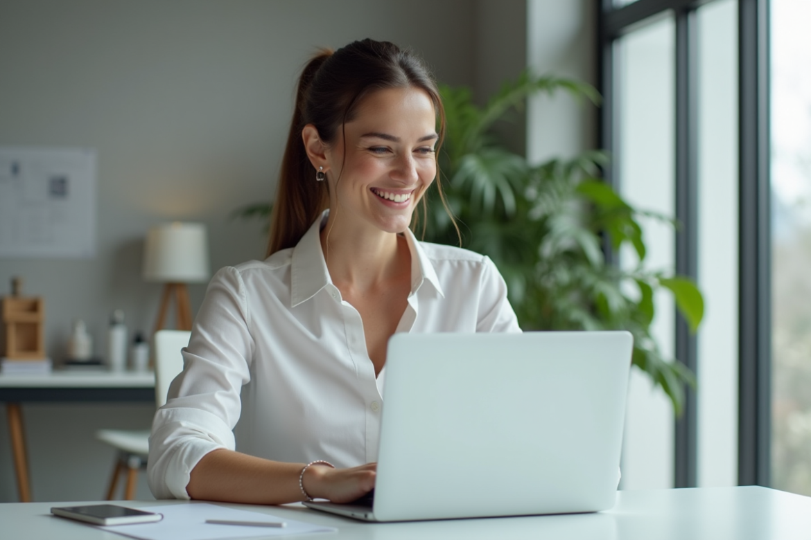 Femme au bureau utilisant un ordinateur dans un espace moderne