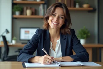 Femme en bureau moderne prenant des notes dans un planner
