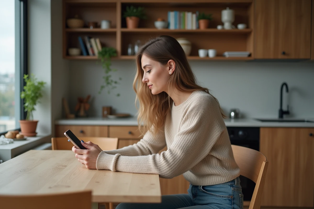 Jeune femme vérifiant son smartphone à la maison