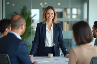 Femme en blazer navy lors d'une réunion professionnelle