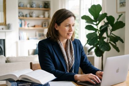 Femme confiante en bureau moderne avec ordinateur et livres